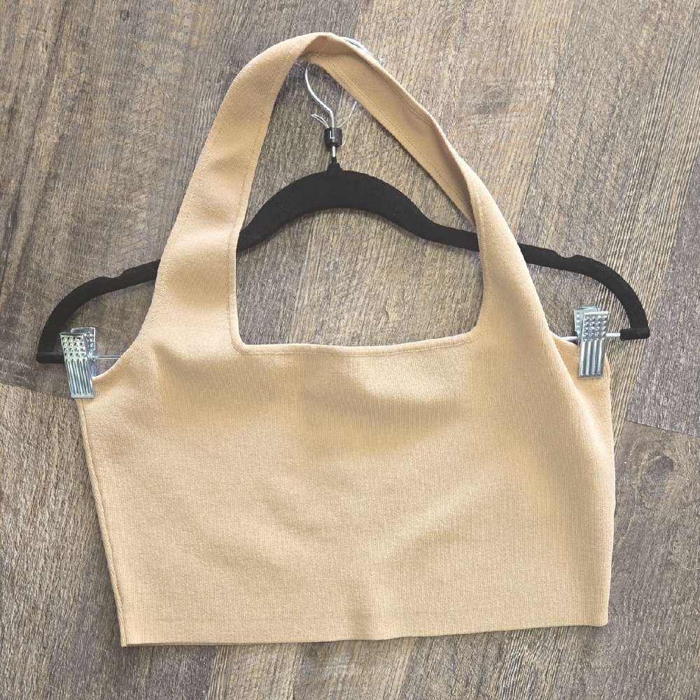 Beige Knit Square-Neck Crop Top